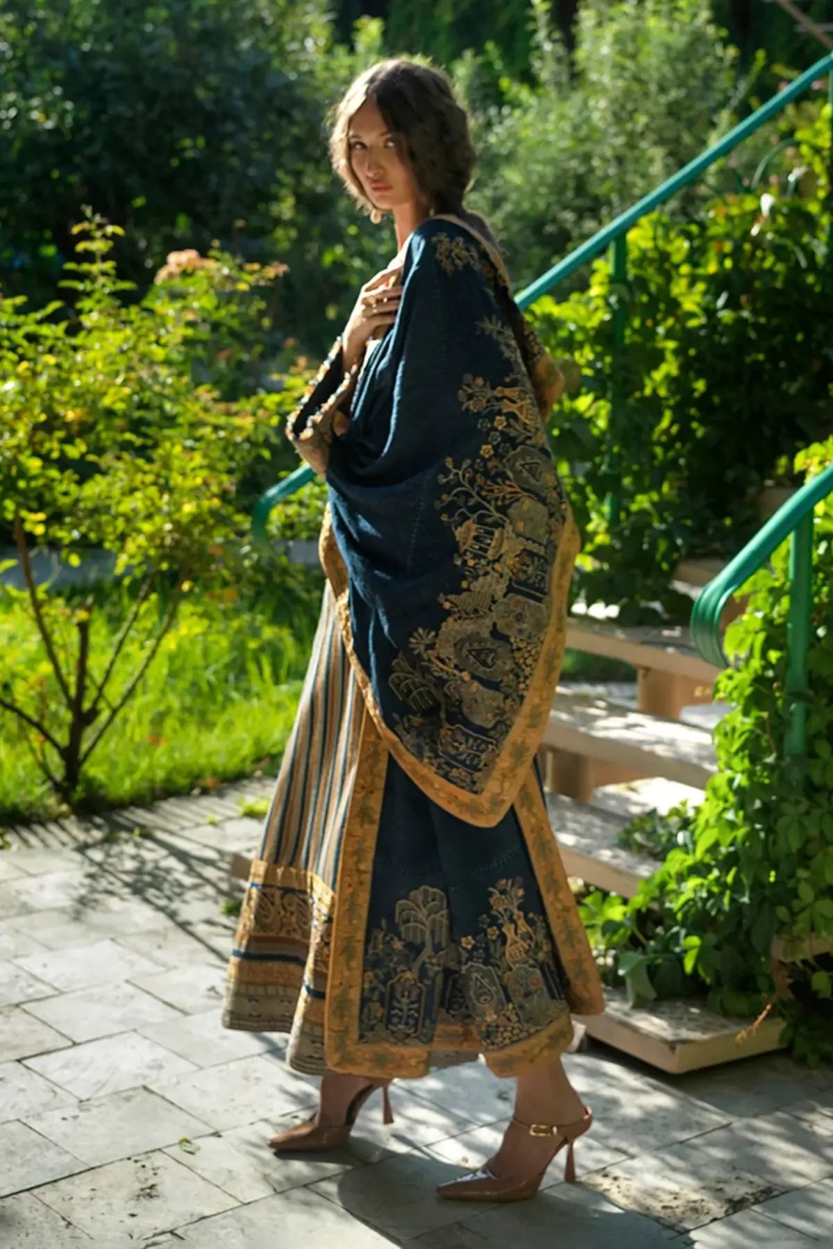 Gilded Arch by Mushq Broadway Winter 2026 beige jacquard viscose stitched winter suit with embroidered dobby viscose shawl