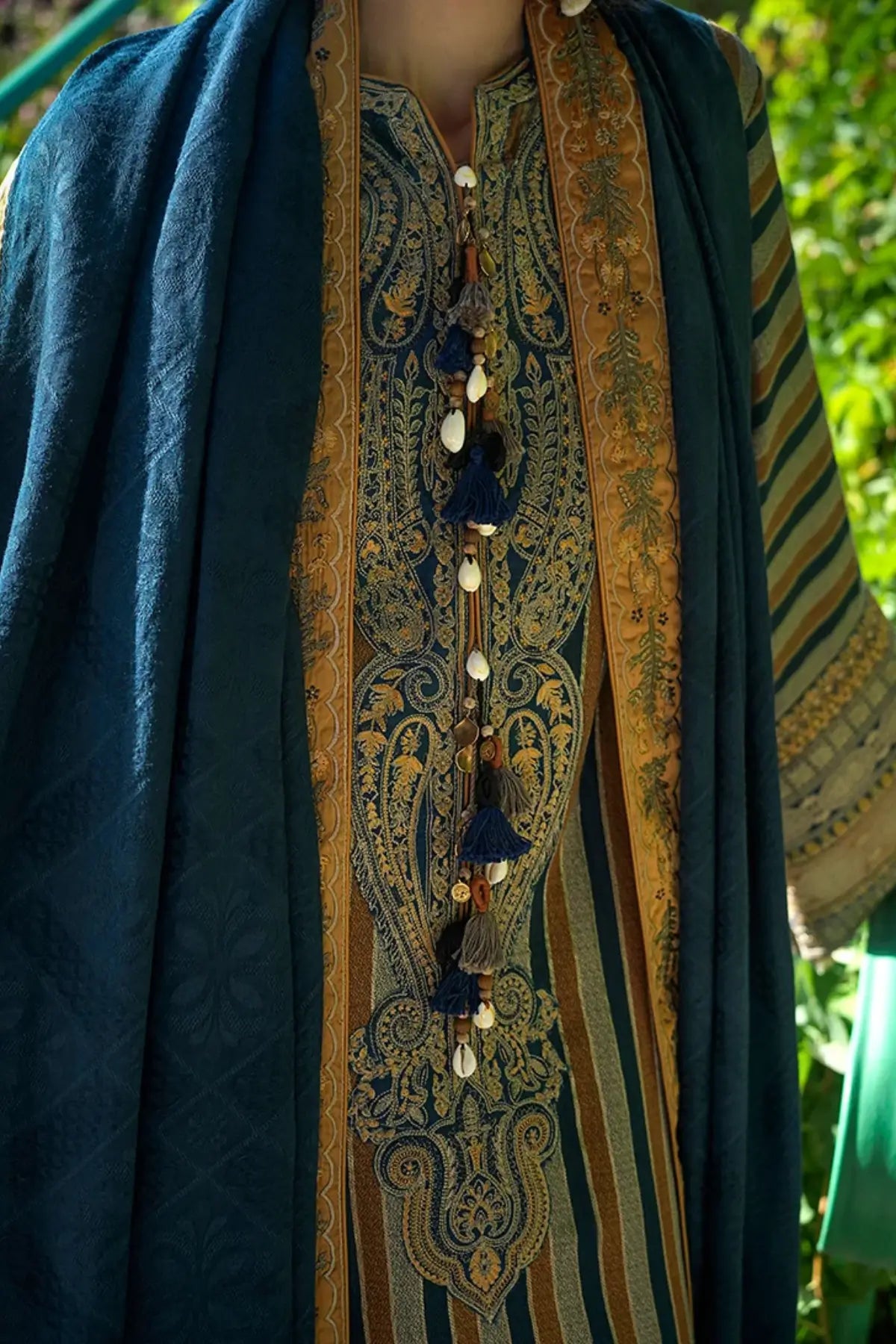 Gilded Arch by Mushq Broadway Winter 2026 beige jacquard viscose stitched winter suit with embroidered dobby viscose shawl