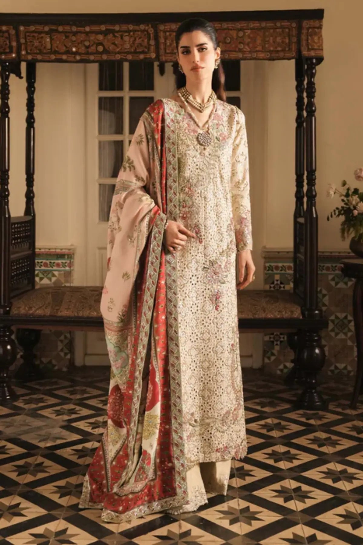 Gilded by Saira Shakira ivory formal outfit for Eid and weddings with silk dupatta