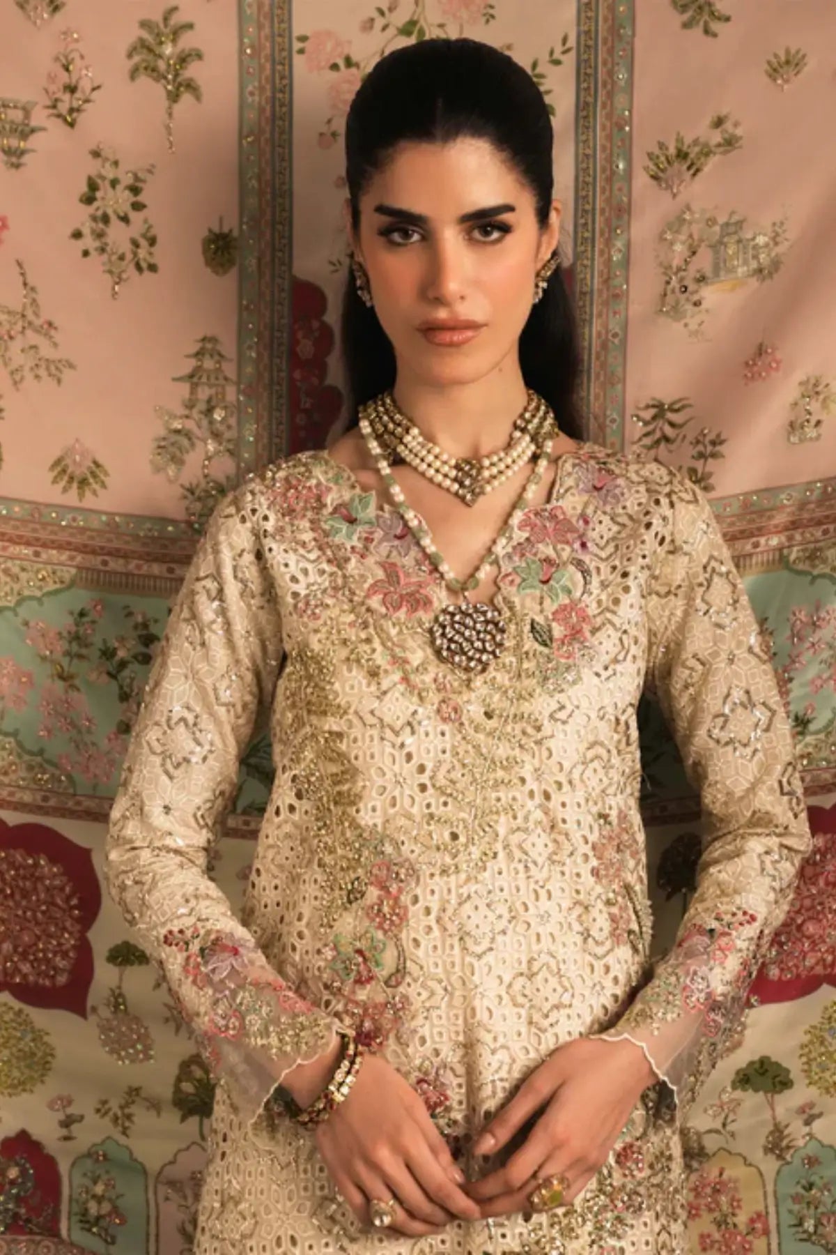 Gilded by Saira Shakira ivory formal outfit for Eid and weddings with silk dupatta