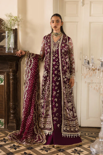 Gildentide – Afrozeh Dastangoi 2025 Plum Stitched Raw Silk Jacket Dress with Embroidered Net Dupatta – Pakistanimoda