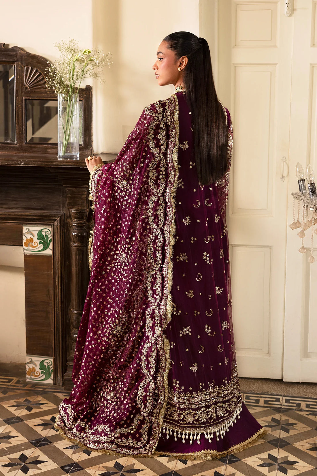 Gildentide – Afrozeh Dastangoi 2025 Plum Stitched Raw Silk Jacket Dress with Embroidered Net Dupatta – Pakistanimoda