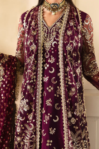 Gildentide – Afrozeh Dastangoi 2025 Plum Stitched Raw Silk Jacket Dress with Embroidered Net Dupatta – Pakistanimoda