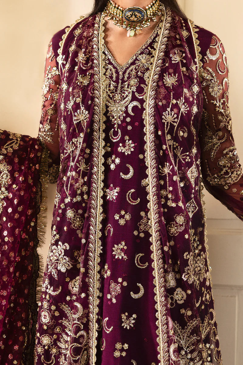Gildentide – Afrozeh Dastangoi 2025 Plum Stitched Raw Silk Jacket Dress with Embroidered Net Dupatta – Pakistanimoda