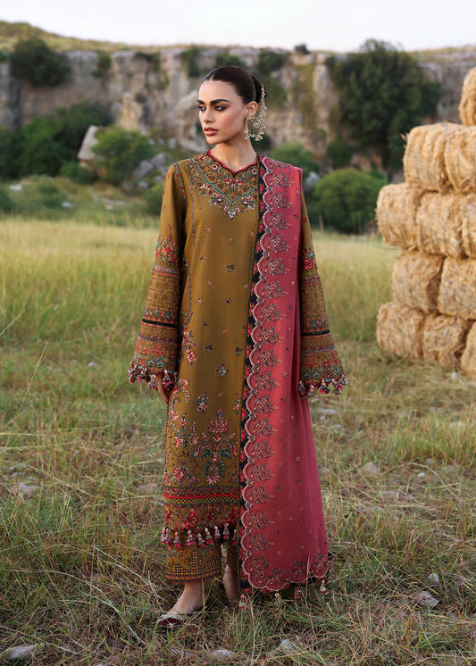 Hussain Rehar Gitiara olive green embroidered khaddar stitched suit with carrot red wool shawl at Pakistanimoda.
