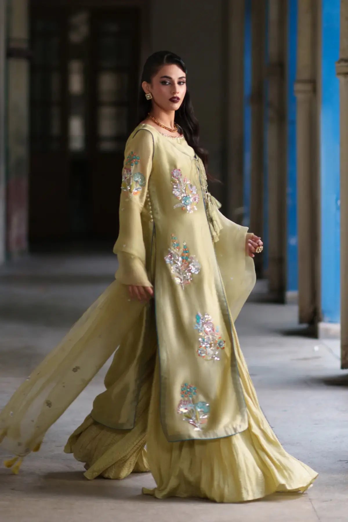 Glaze olive tissue silk stitched sharara 3PC mehendi suit with organza dupatta formal outfit Pakistanimoda