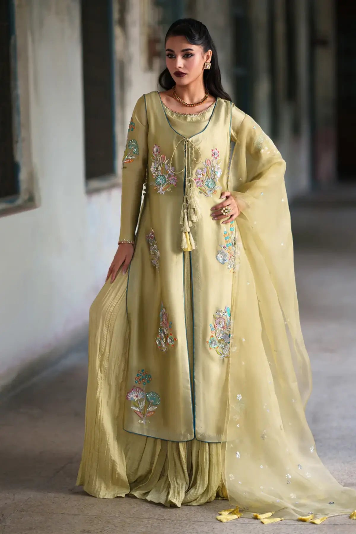 Glaze olive tissue silk stitched sharara 3PC mehendi suit with organza dupatta formal outfit Pakistanimoda
