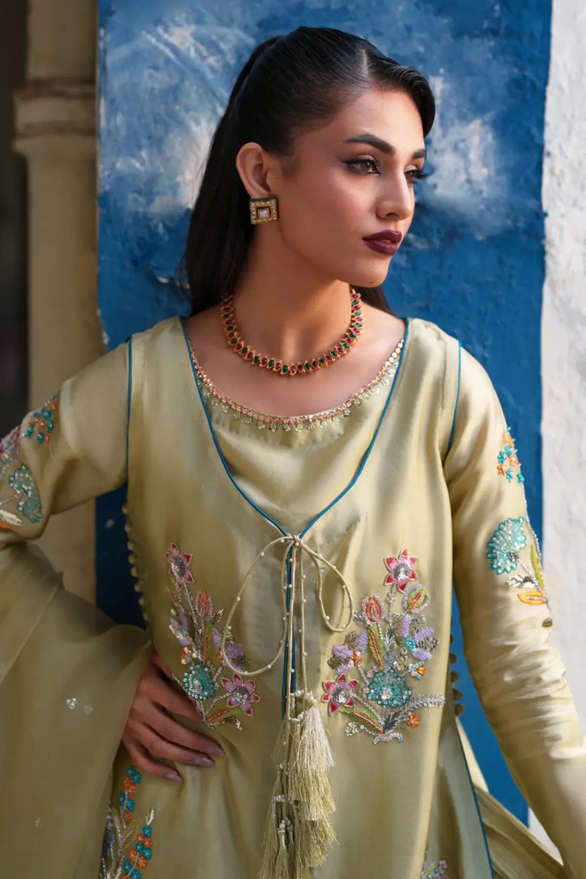 Glaze olive tissue silk stitched sharara 3PC mehendi suit with organza dupatta formal outfit Pakistanimoda