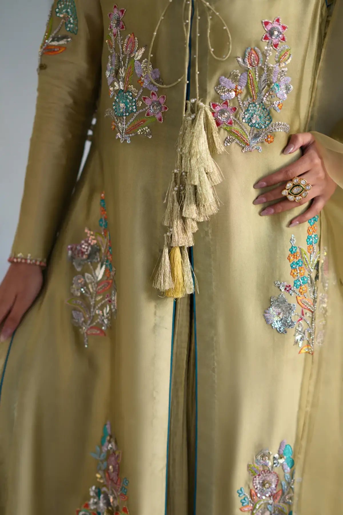 Glaze olive tissue silk stitched sharara 3PC mehendi suit with organza dupatta formal outfit Pakistanimoda