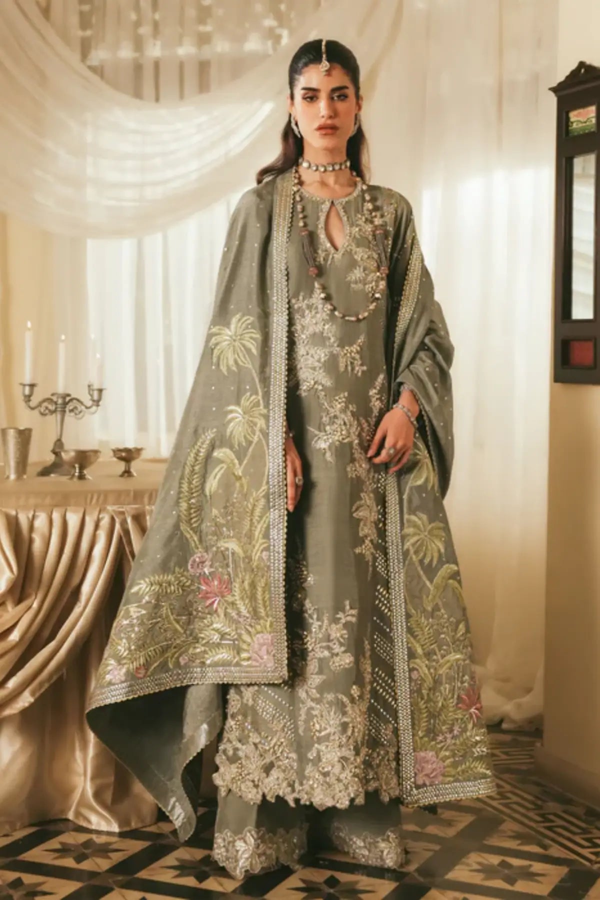 Gleamore by Saira Shakira grey embellished formal outfit for weddings with organza dupatta