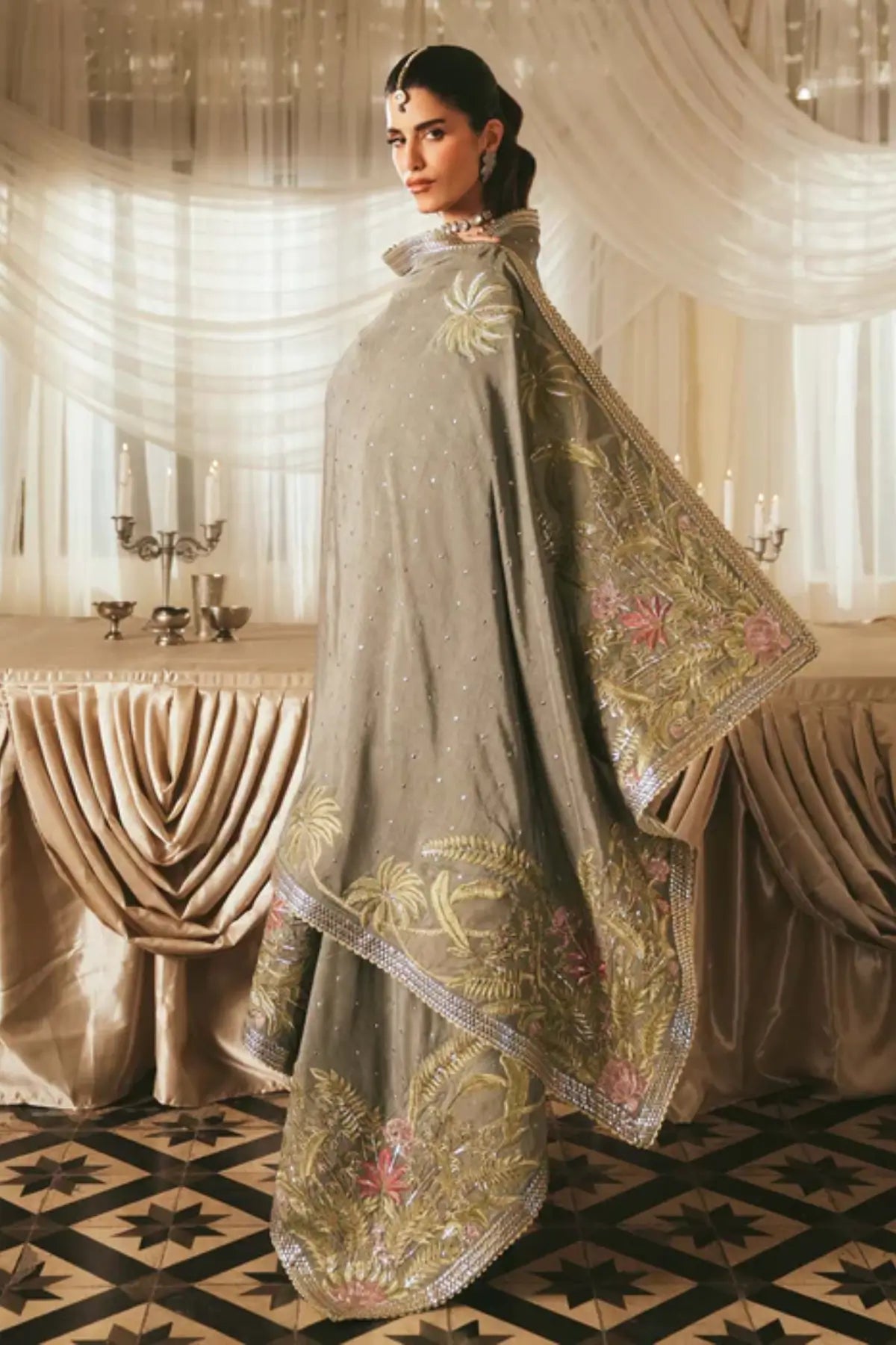 Gleamore by Saira Shakira grey embellished formal outfit for weddings with organza dupatta