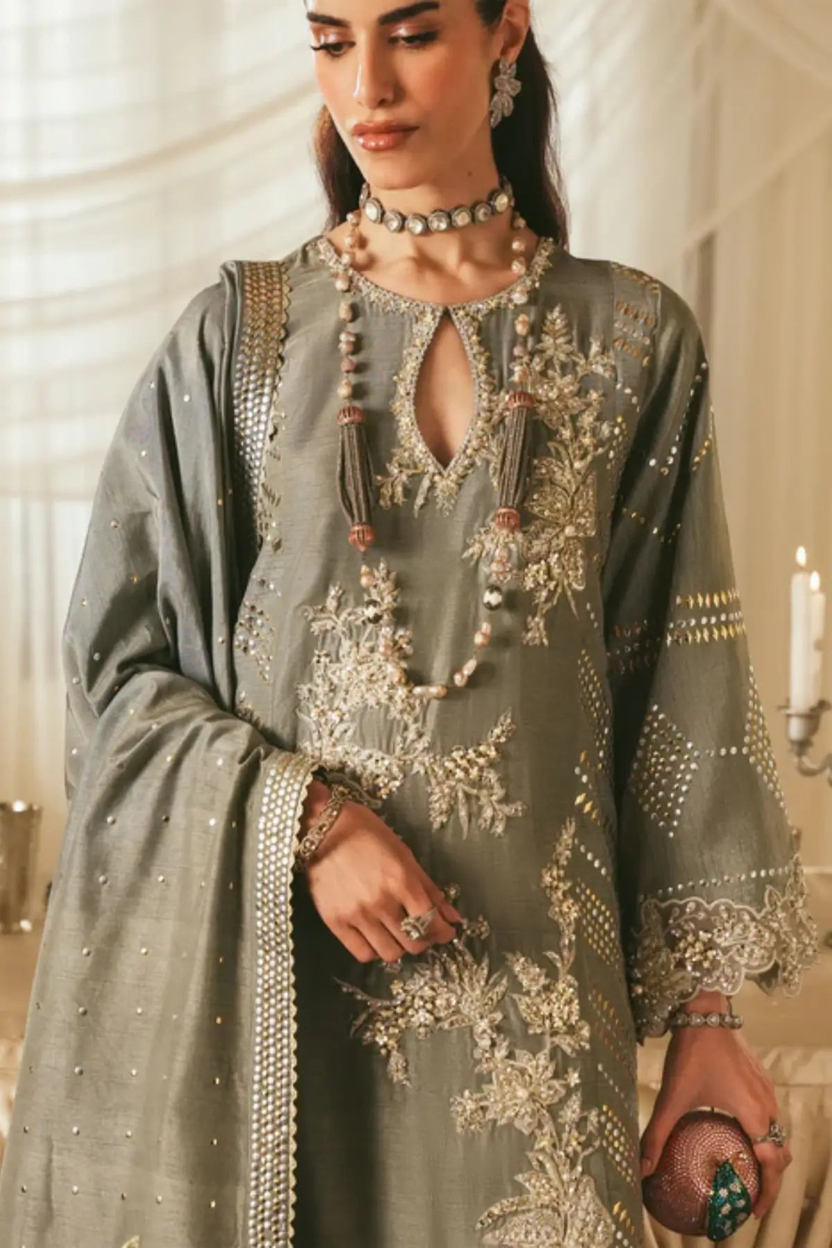 Gleamore by Saira Shakira grey embellished formal outfit for weddings with organza dupatta