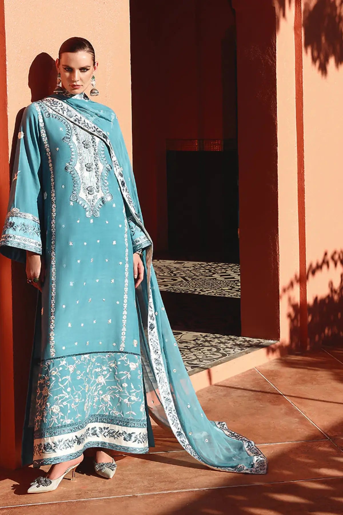 Glinda by Mushq Nuvera Raw Silk 2026 blue raw silk 3PC stitched suit with chiffon dupatta Pakistanimoda