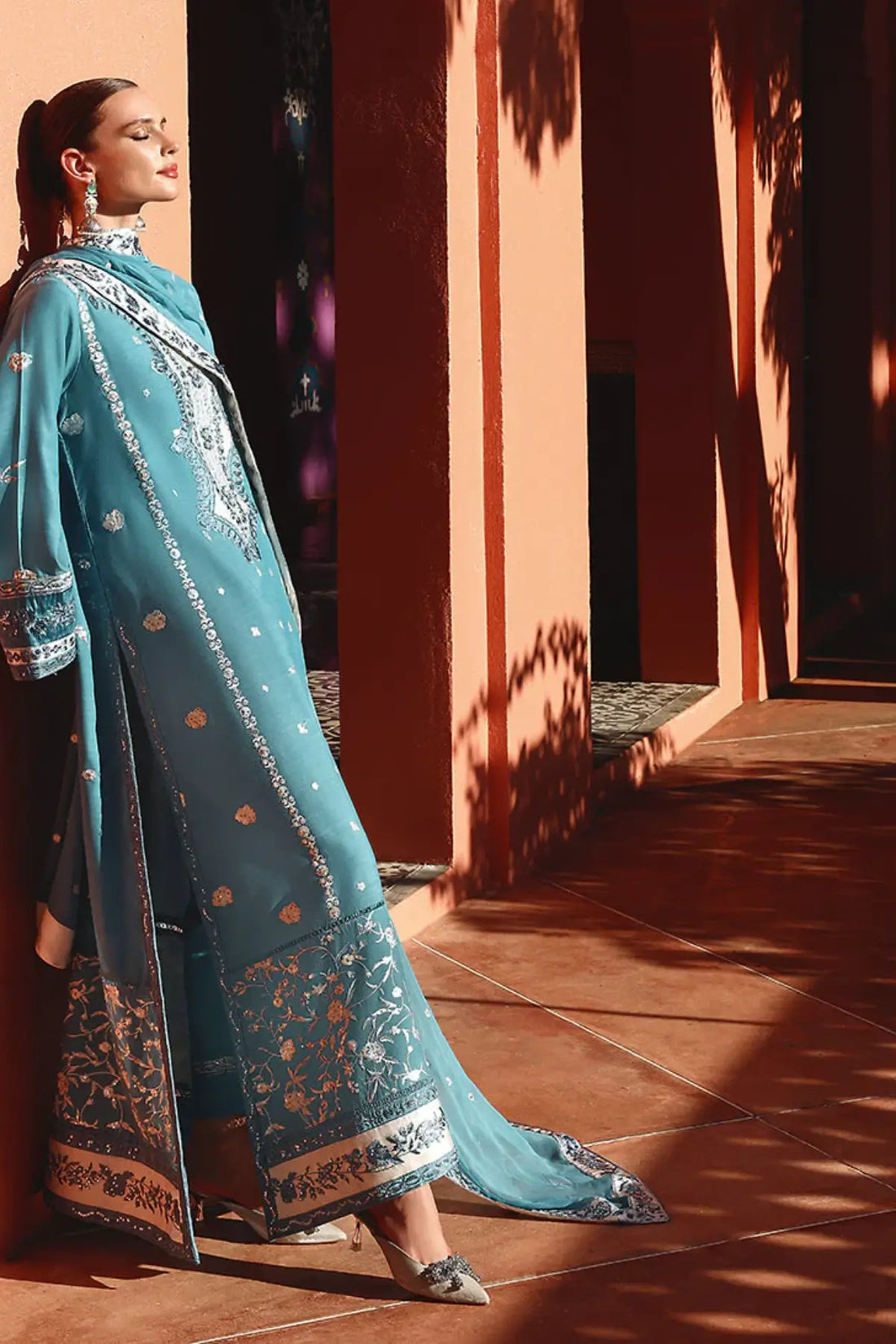 Glinda by Mushq Nuvera Raw Silk 2026 blue raw silk 3PC stitched suit with chiffon dupatta Pakistanimoda