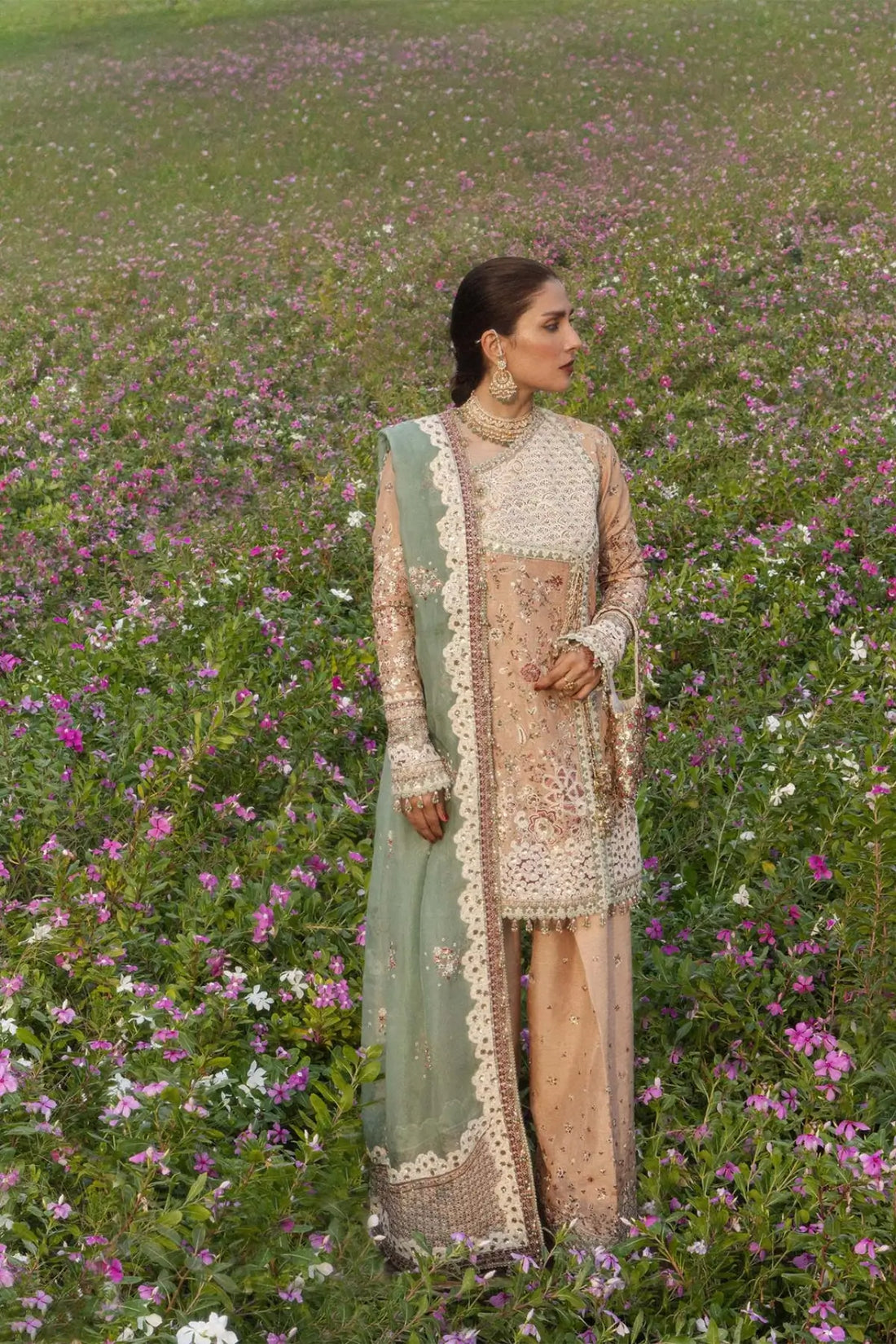Gohar-Ara Hussain Rehar powder peach stitched Angrakha with Farshi Shalwar and mint green organza dupatta