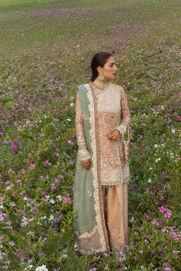 Gohar-Ara Hussain Rehar powder peach stitched Angrakha with Farshi Shalwar and mint green organza dupatta