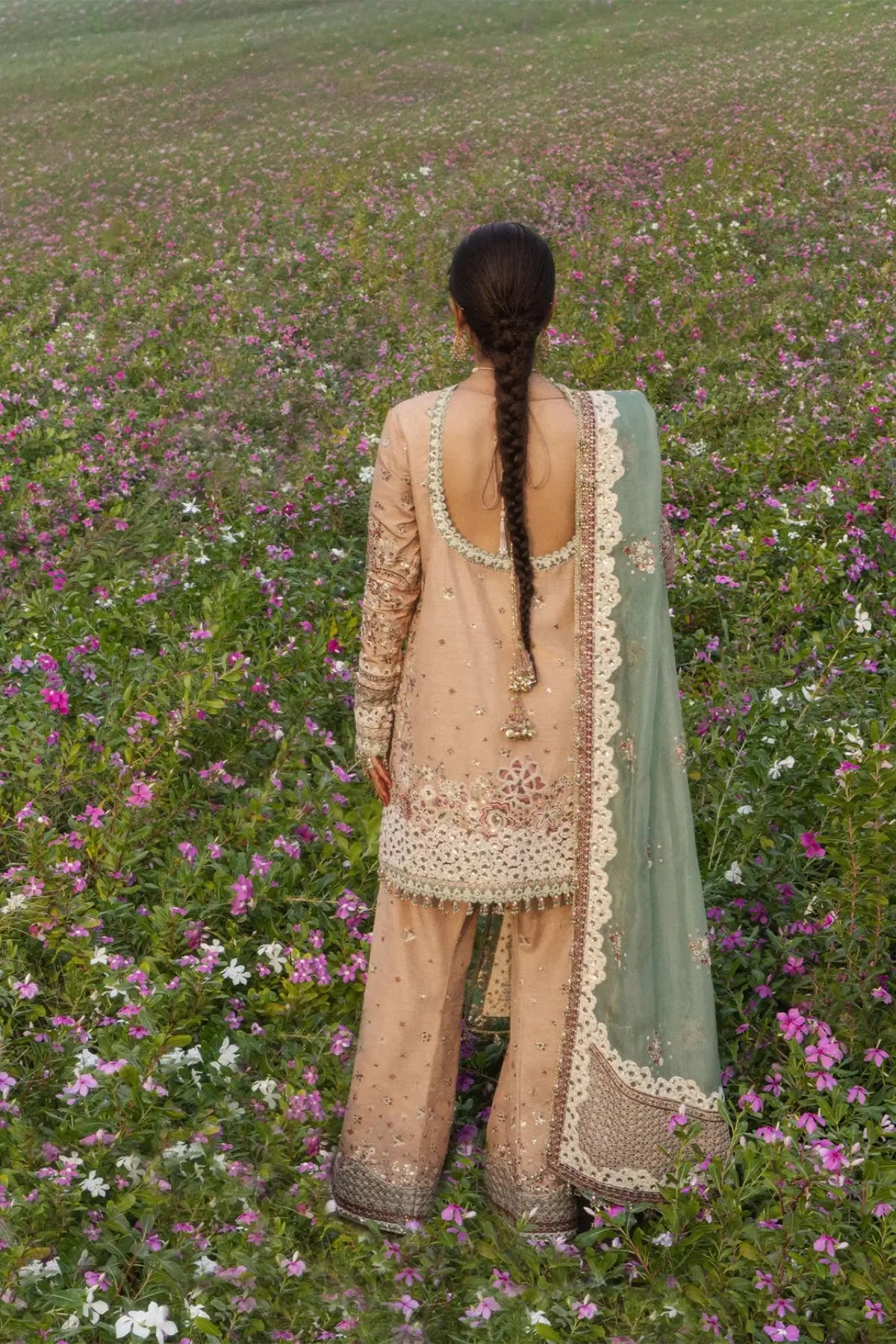 Gohar-Ara Hussain Rehar powder peach stitched Angrakha with Farshi Shalwar and mint green organza dupatta