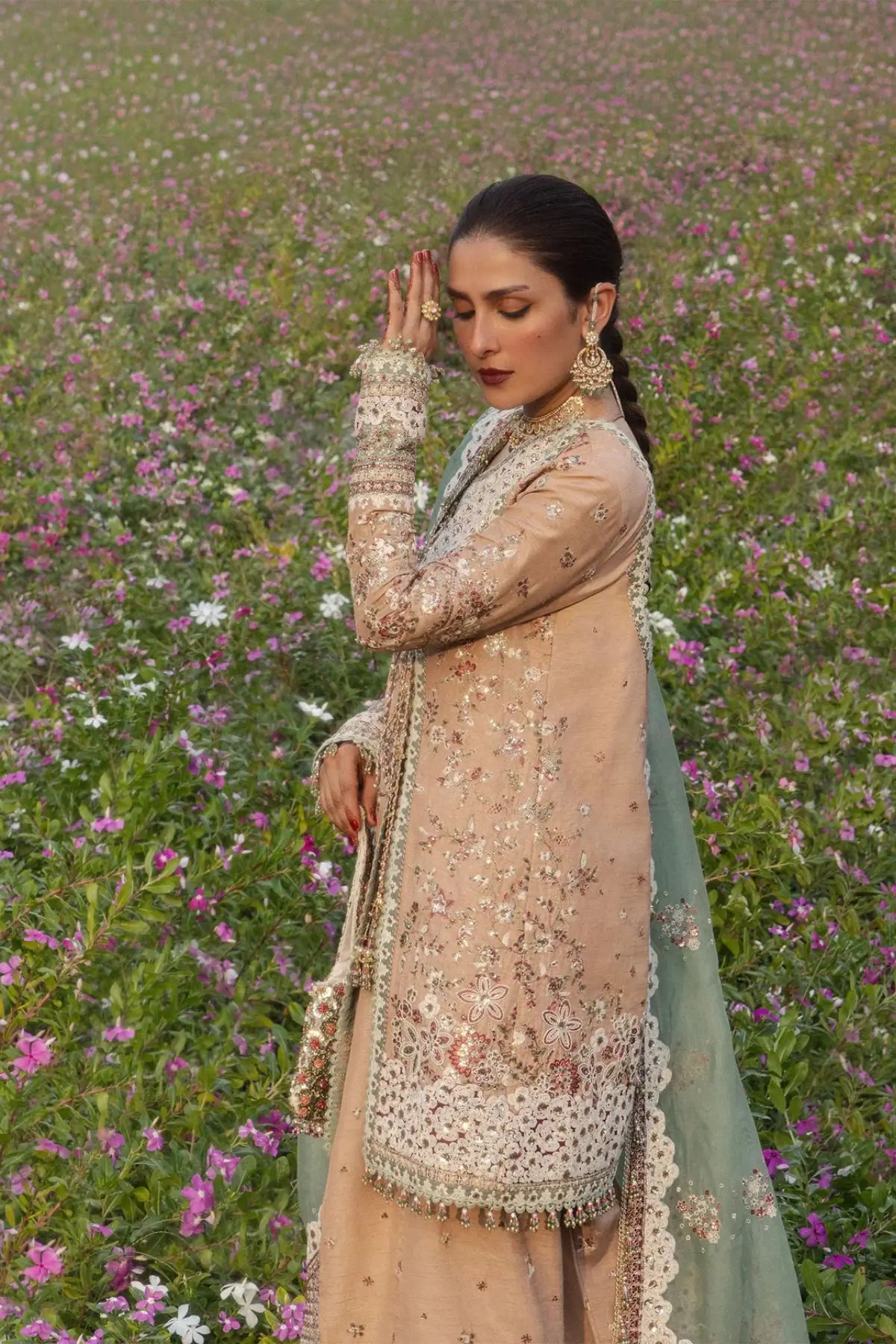 Gohar-Ara Hussain Rehar powder peach stitched Angrakha with Farshi Shalwar and mint green organza dupatta