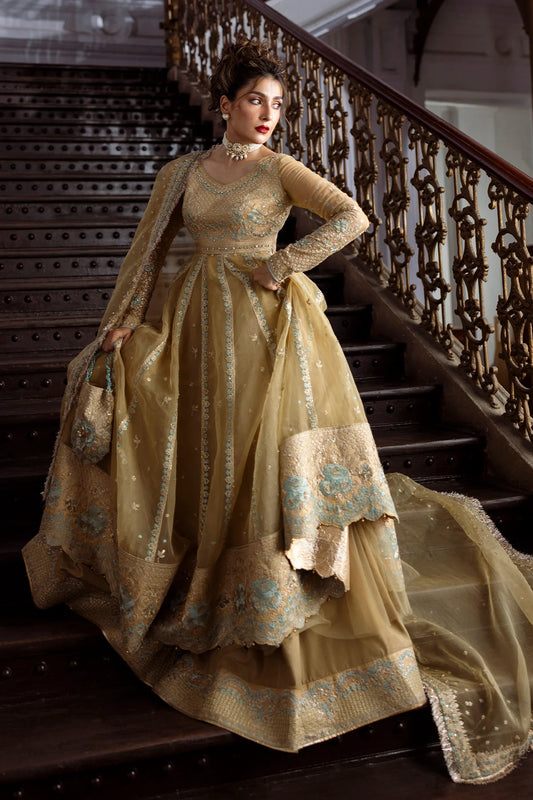 Golden Glow Pakistani embroidered wedding pishwas with sharara & organza dupatta – stitched designer outfit.