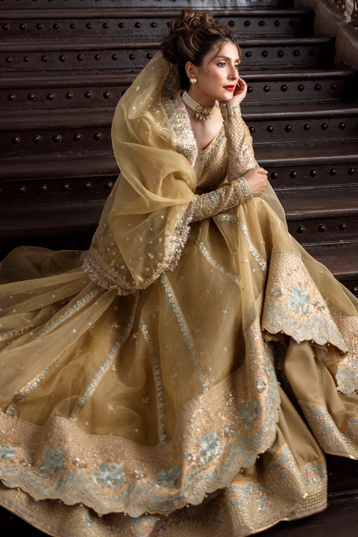 Golden Glow Pakistani embroidered wedding pishwas with sharara & organza dupatta – stitched designer outfit.