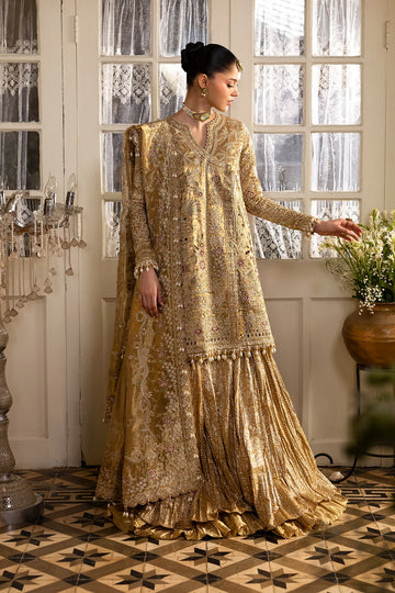 Goldveil – Afrozeh Dastangoi 2025 Golden Stitched Bridal Sharara Dress in Tissue Zari with Embroidered Dupatta and Jamawar Trouser – Pakistanimoda