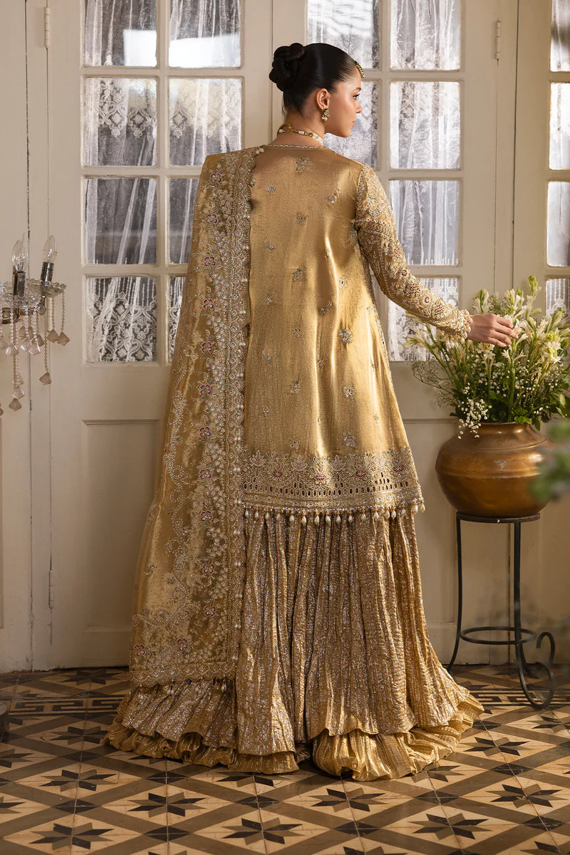Goldveil – Afrozeh Dastangoi 2025 Golden Stitched Bridal Sharara Dress in Tissue Zari with Embroidered Dupatta and Jamawar Trouser – Pakistanimoda