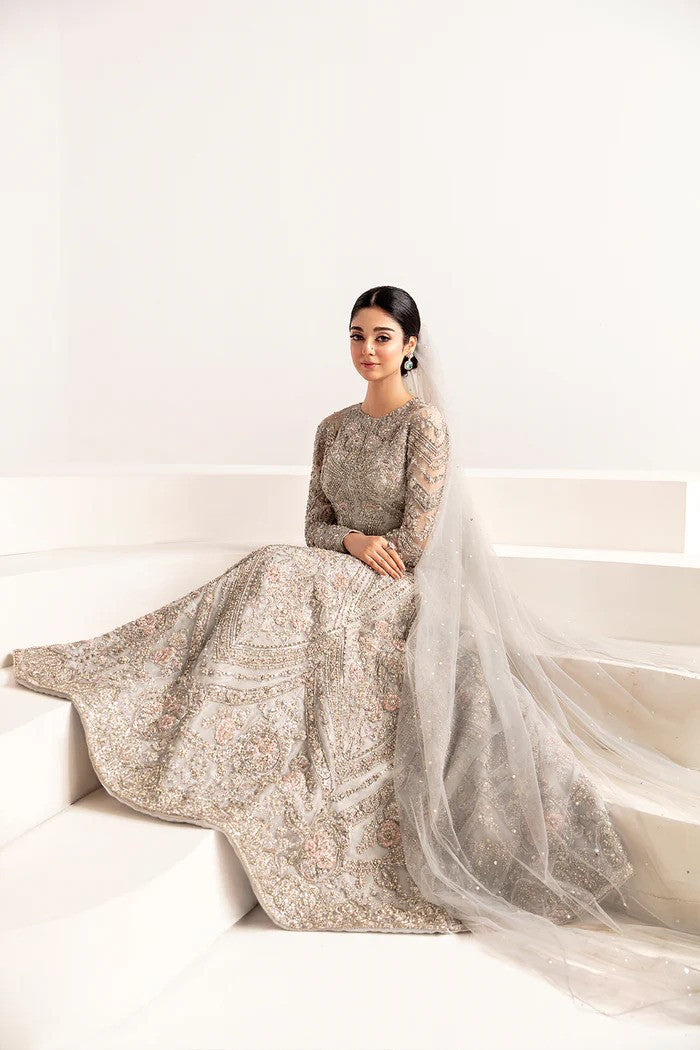 silver grey dresses pakistani Silver Grey Lehenga Gown for Pakistani Bridal Wear