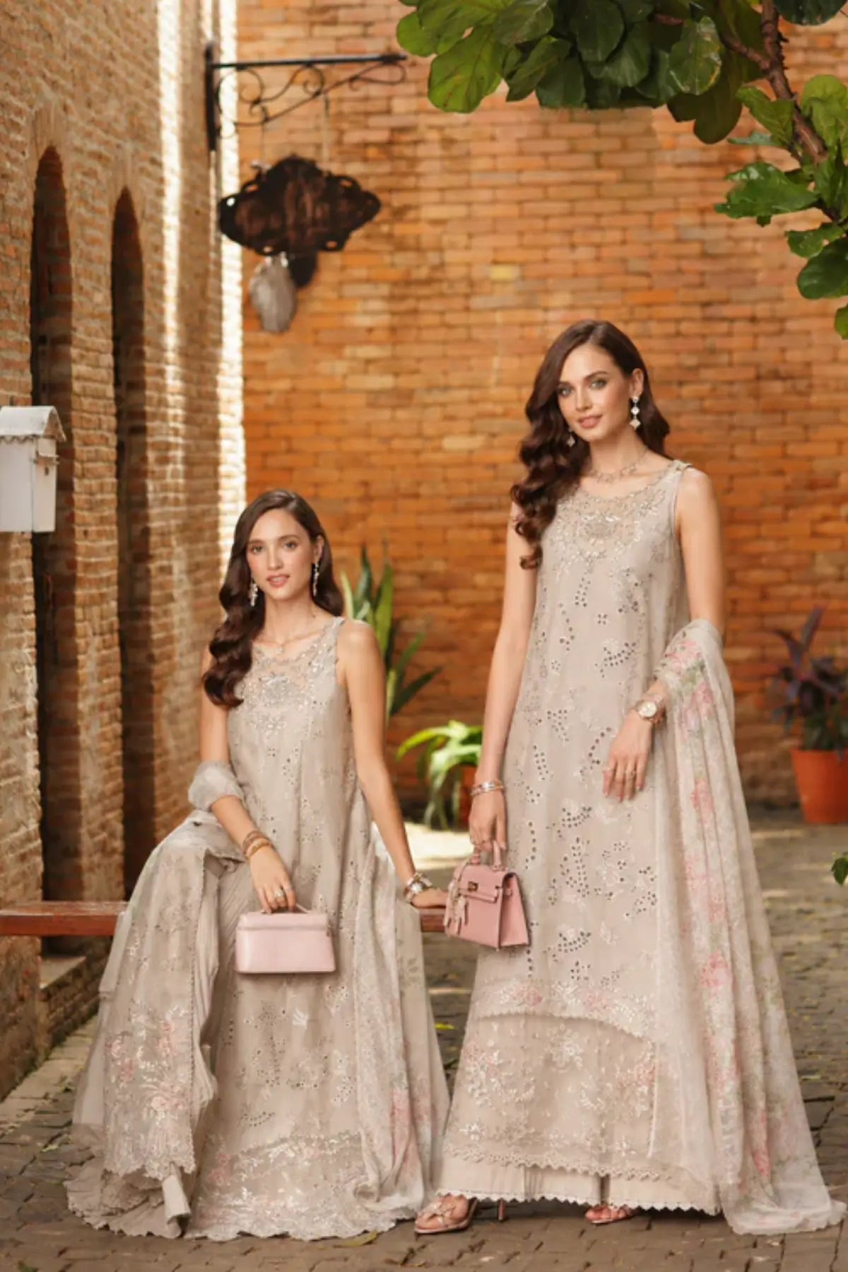 Gris Tourtelle D7 by Saadia Asad golden bisque festive lawn 3PC with Schiffli embroidery and chiffon dupatta
