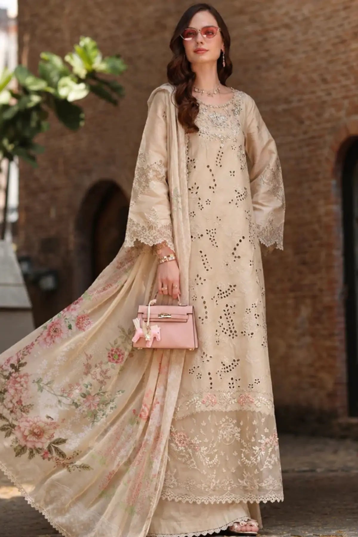 Gris Tourtelle D7 by Saadia Asad golden bisque festive lawn 3PC with Schiffli embroidery and chiffon dupatta
