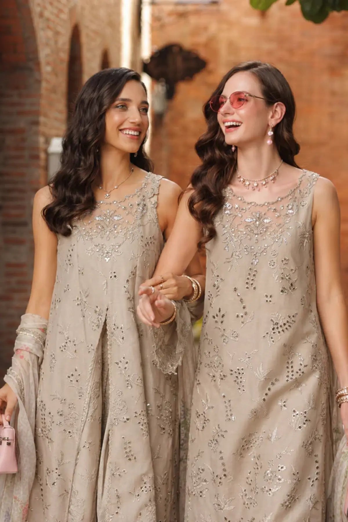 Gris Tourtelle D7 by Saadia Asad golden bisque festive lawn 3PC with Schiffli embroidery and chiffon dupatta