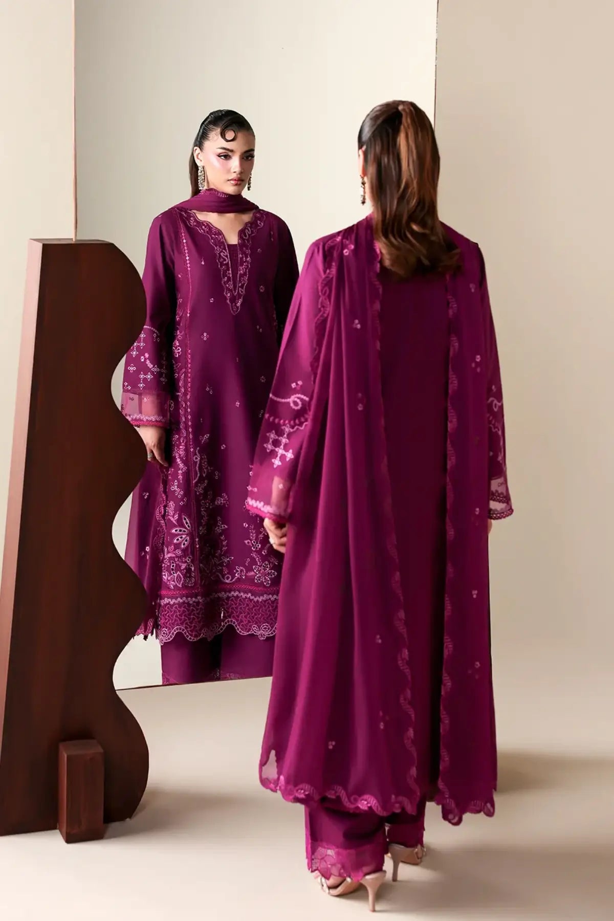 Grovy Garnet by Azure magenta stitched luxury lawn 3PC suit with embroidered shirt chiffon dupatta and trousers