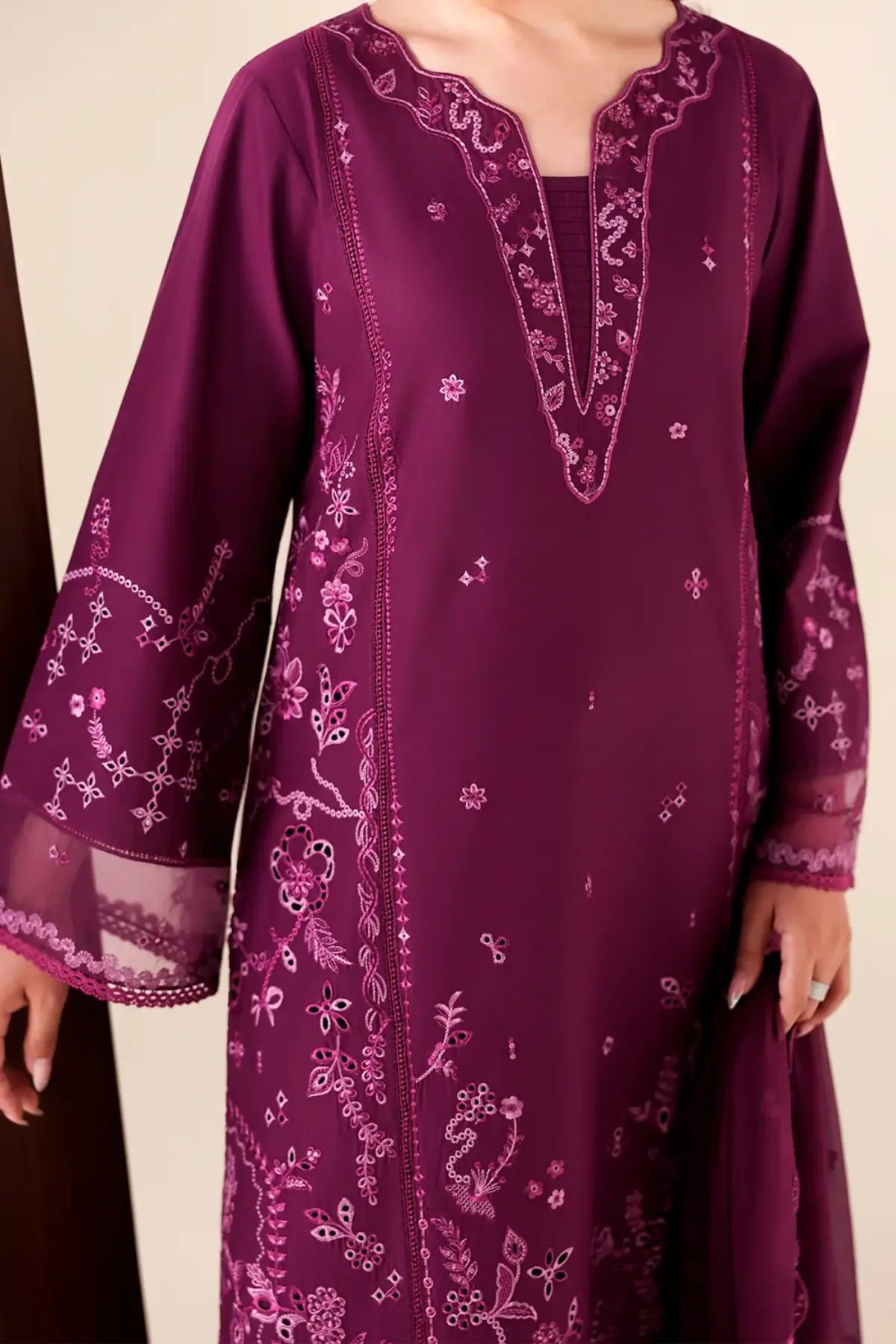Grovy Garnet by Azure magenta stitched luxury lawn 3PC suit with embroidered shirt chiffon dupatta and trousers
