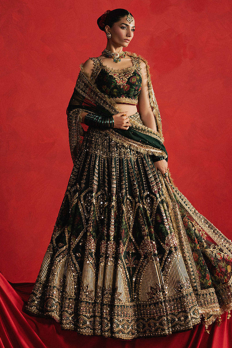 Gul-e-Khaas dark green Mughal-style Pakistani bridal lehenga – Pakistanimoda
