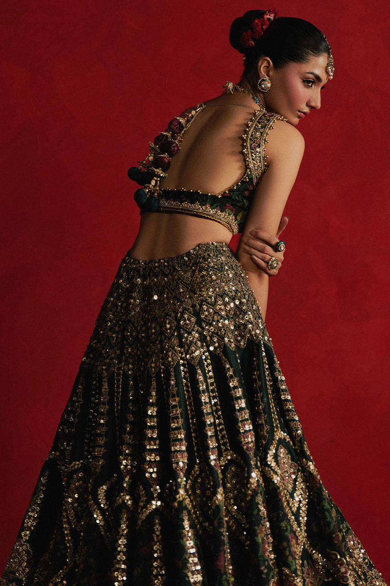 Gul-e-Khaas dark green Mughal-style Pakistani bridal lehenga – Pakistanimoda