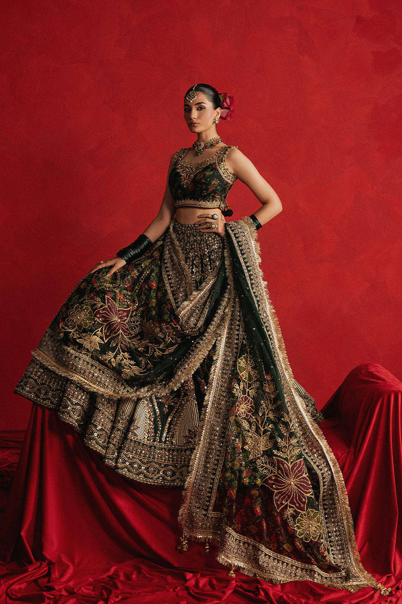 Gul-e-Khaas dark green Mughal-style Pakistani bridal lehenga – Pakistanimoda