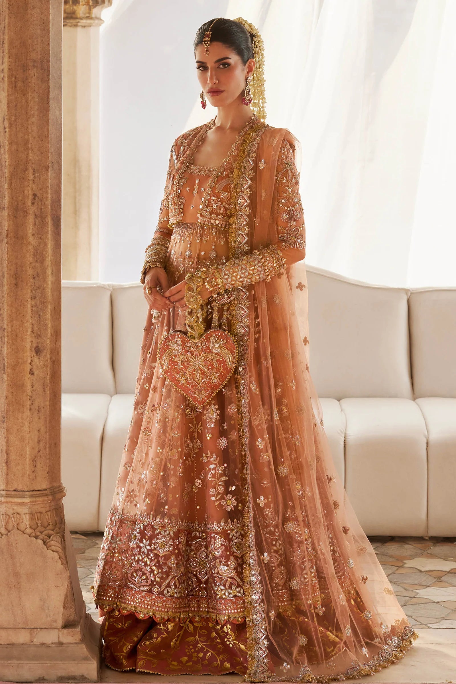 Zaha Gul-e-Mahnoor ZC25-08 peach bridal peshwas with embellished dupatta and lehnga – Pakistanimoda