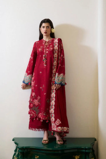 Gul-e-Surkh Hussain Rehar Pret SS'26 festive red lawn suit with chiffon dupatta at Pakistanimoda.