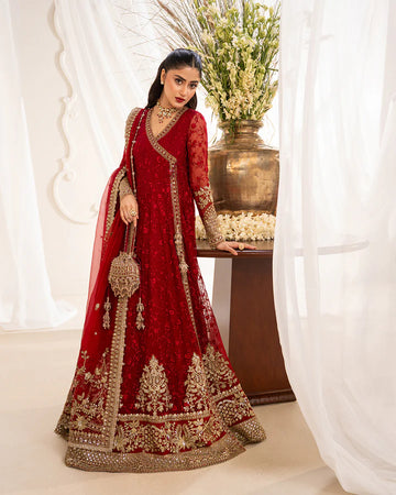 Gul Faiza Saqlain red chiffon angrakha stitched outfit with embroidered dupatta and silk churidar – Pakistanimoda Canada fast delivery