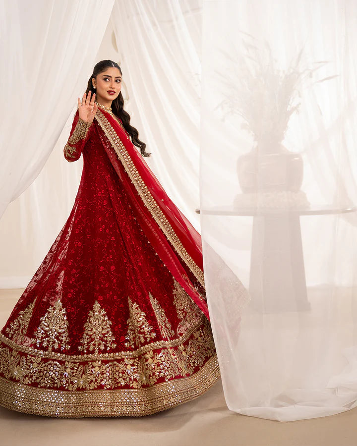 Gul Faiza Saqlain red chiffon angrakha stitched outfit with embroidered dupatta and silk churidar – Pakistanimoda Canada fast delivery