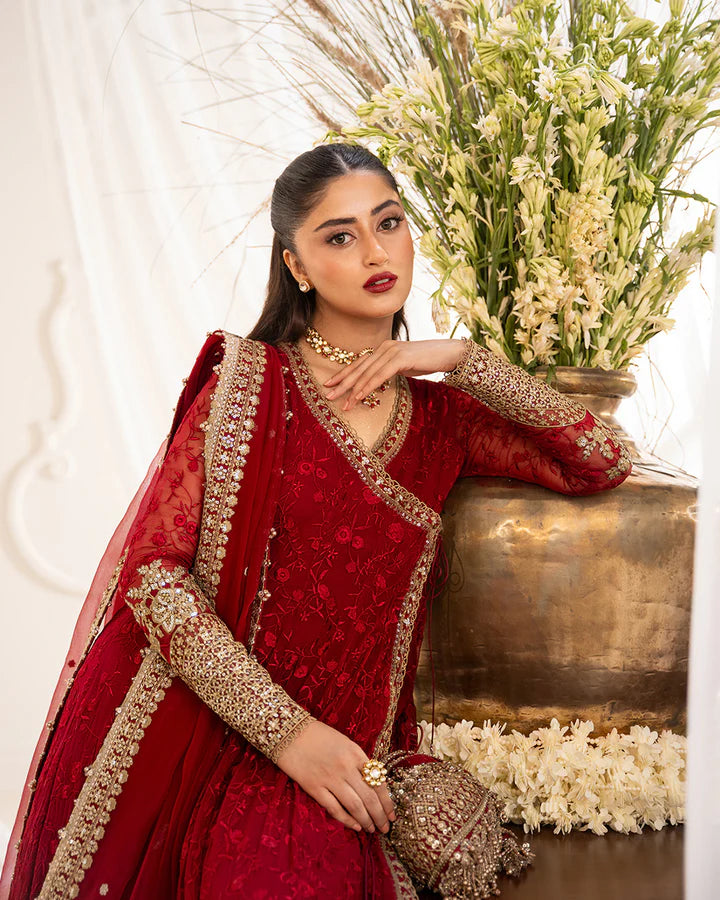 Gul Faiza Saqlain red chiffon angrakha stitched outfit with embroidered dupatta and silk churidar – Pakistanimoda Canada fast delivery