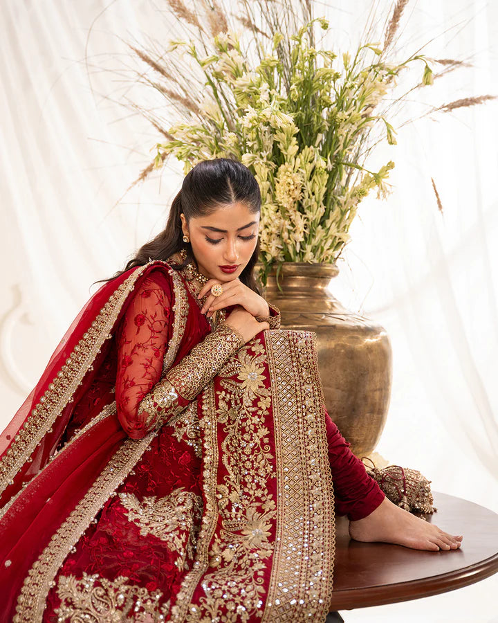 Gul Faiza Saqlain red chiffon angrakha stitched outfit with embroidered dupatta and silk churidar – Pakistanimoda Canada fast delivery