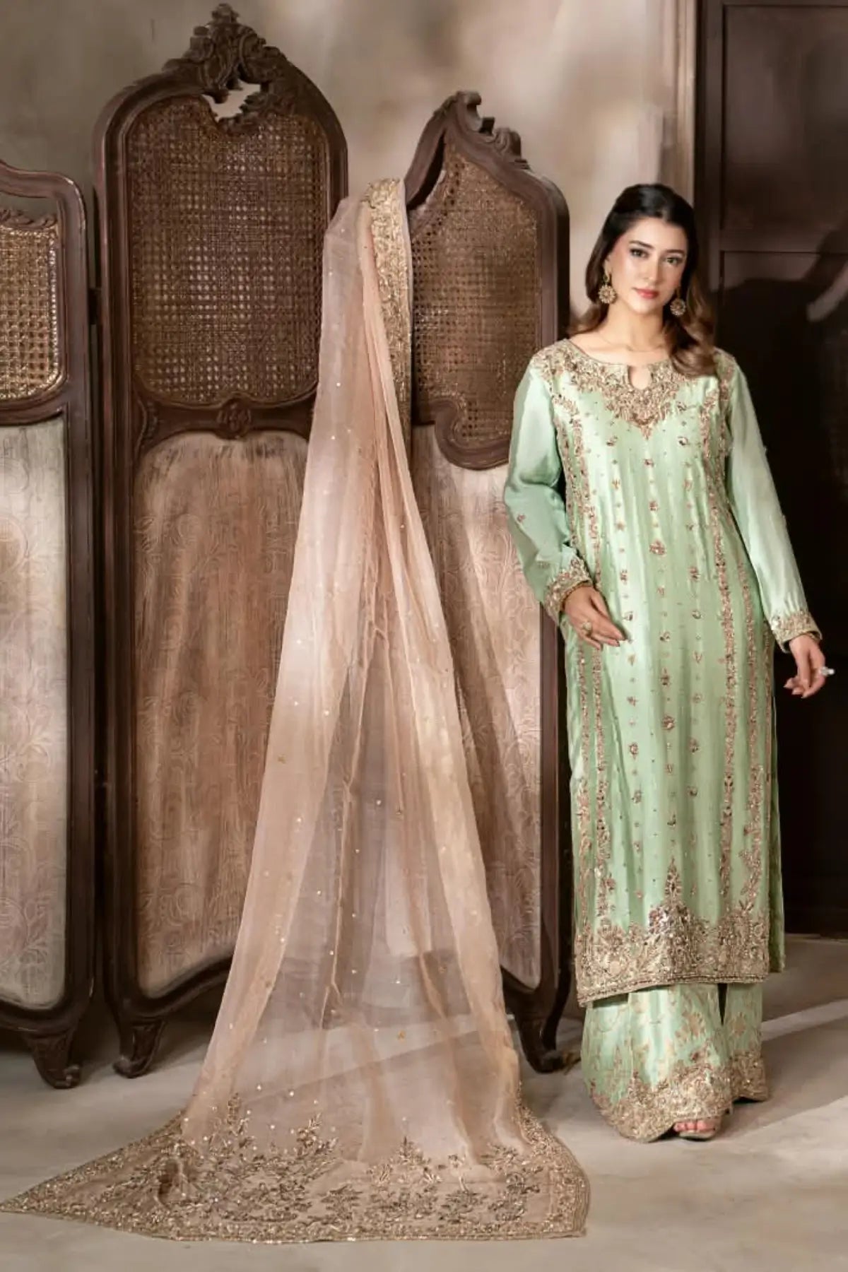 Gulbahar mint green handworked Sheesha silk formal suit with peach organza dupatta by MariamRaj