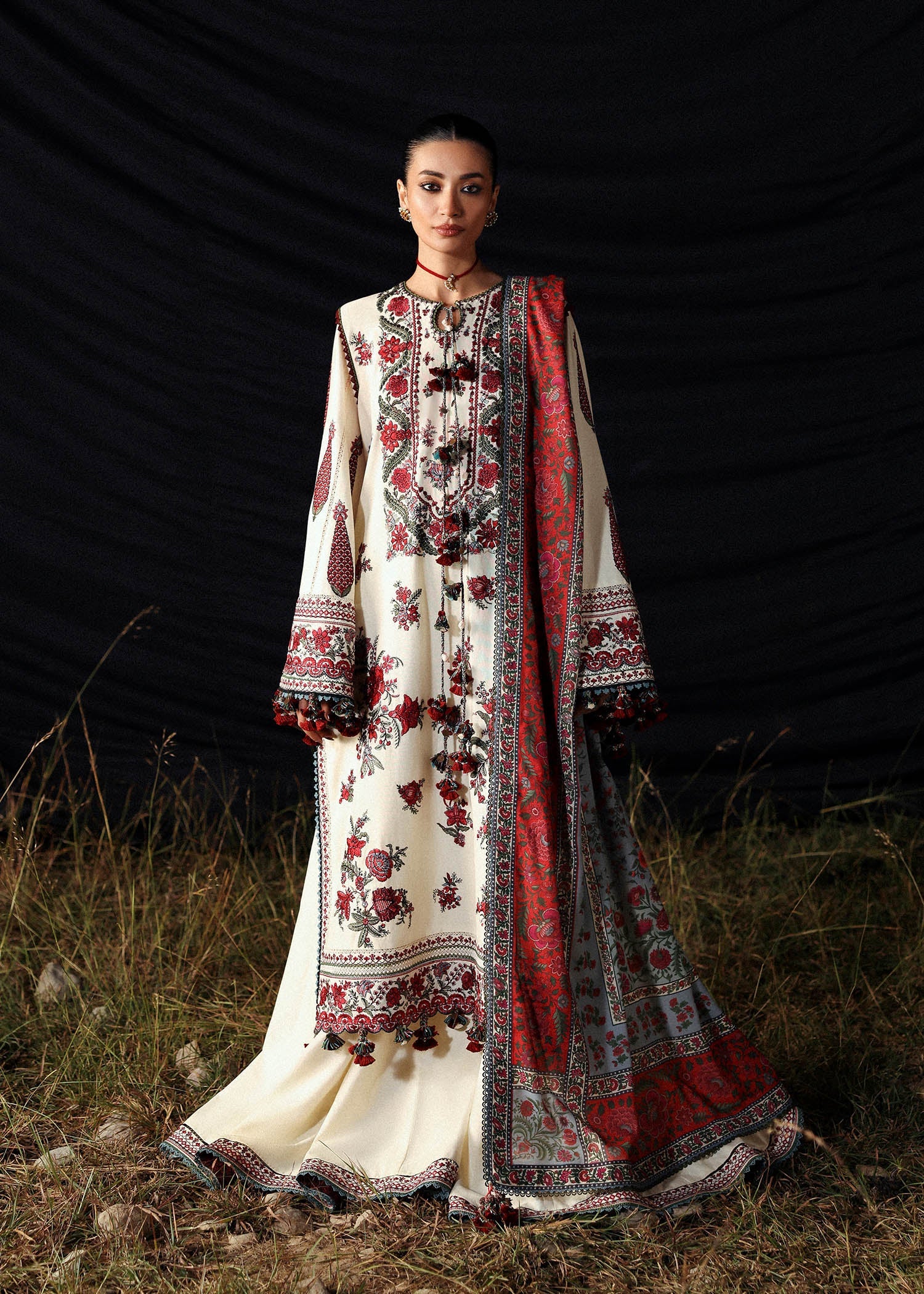Gulban Hussain Rehar ivory embroidered khaddar stitched suit with printed wool shawl at Pakistanimoda.