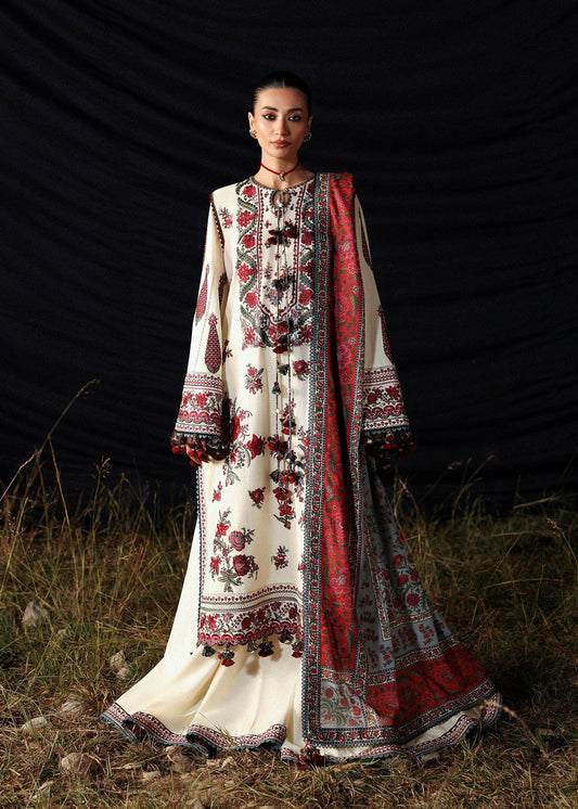 Gulban Hussain Rehar ivory embroidered khaddar stitched suit with printed wool shawl at Pakistanimoda.