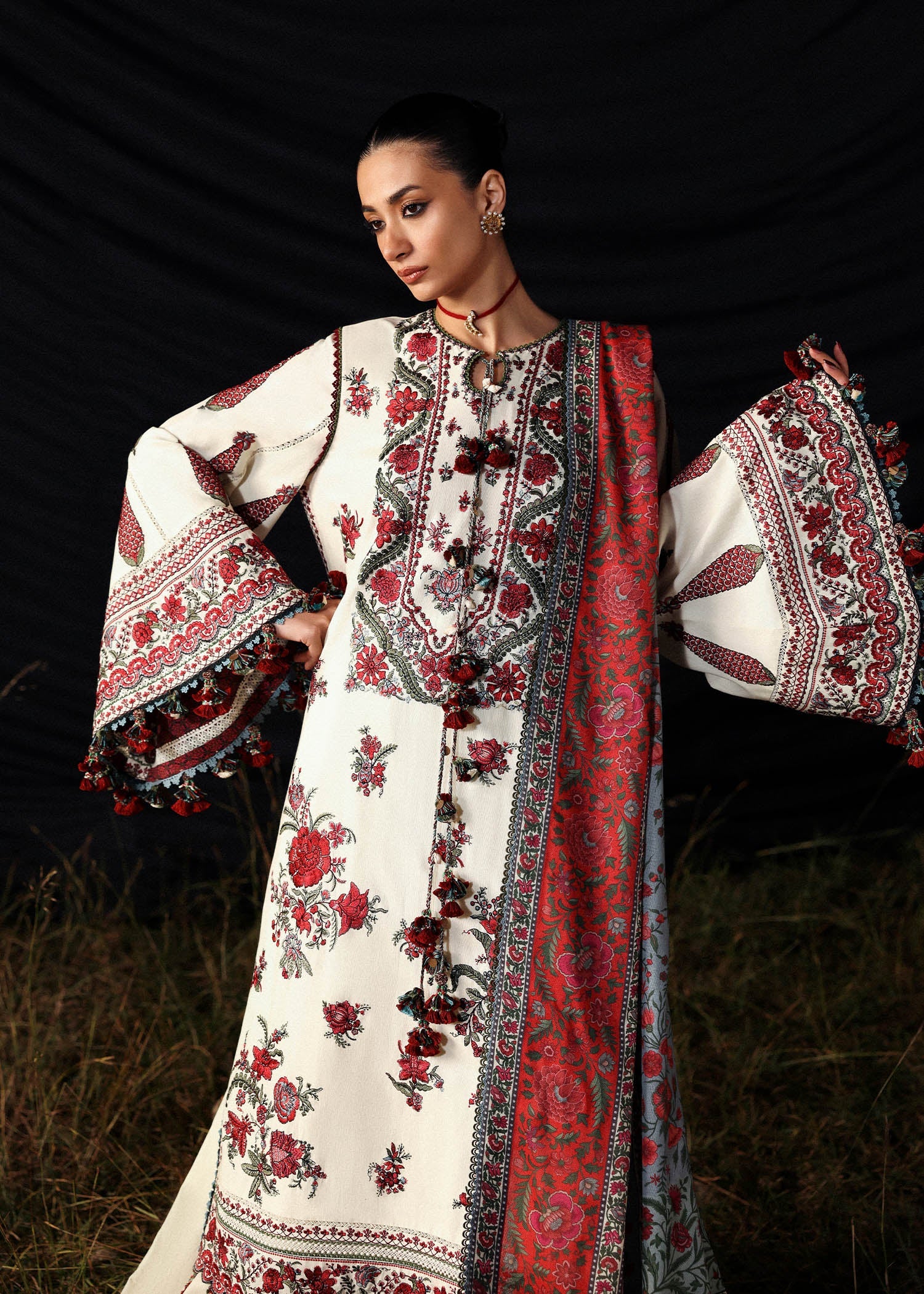 Gulban Hussain Rehar ivory embroidered khaddar stitched suit with printed wool shawl at Pakistanimoda.
