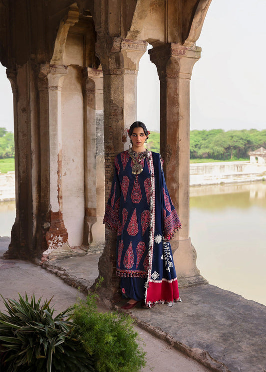 Gulbano Navy Blue Karandi Suit with Red Embroidered Shawl by Hussain Rehar | pakistanimoda.com
