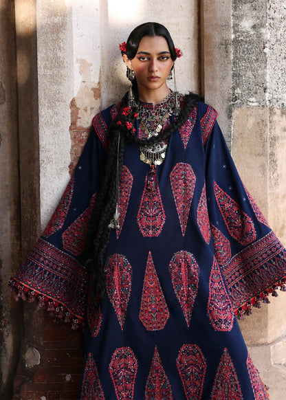 Gulbano Navy Blue Karandi Suit with Red Embroidered Shawl by Hussain Rehar | pakistanimoda.com