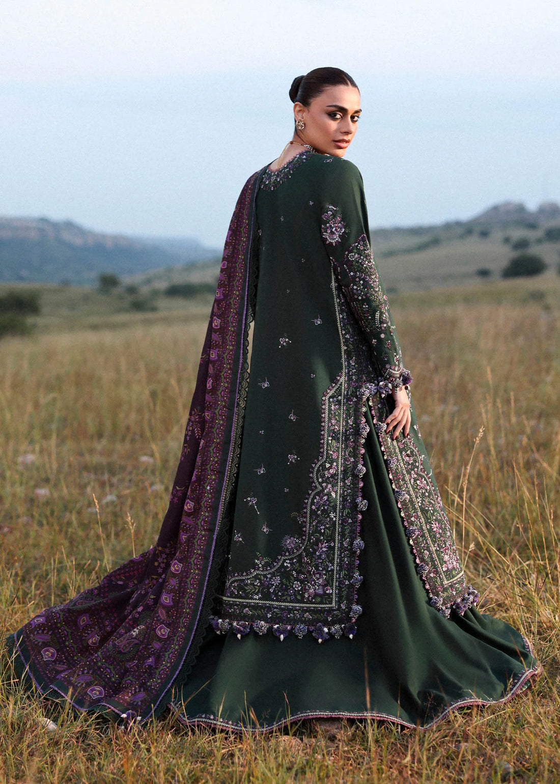 Hussain Rehar Gulbasi green embroidered khaddar stitched suit with wool shawl at Pakistanimoda.