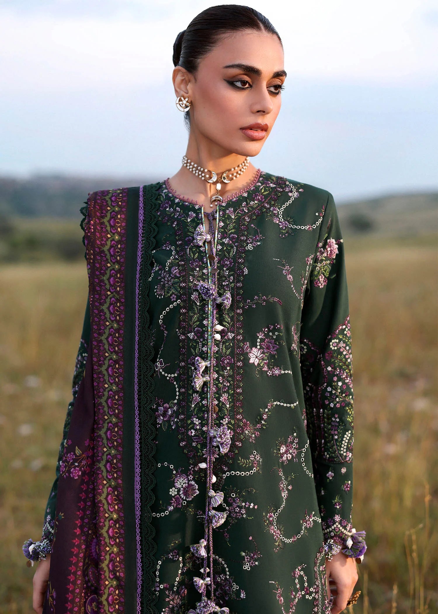 Hussain Rehar Gulbasi green embroidered khaddar stitched suit with wool shawl at Pakistanimoda.
