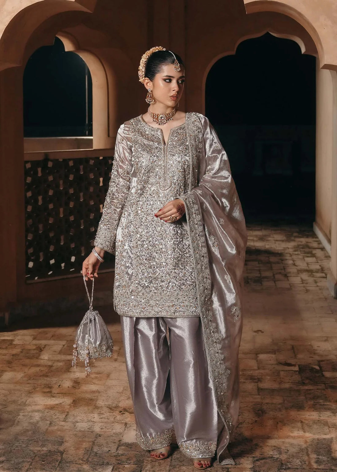 Gulnaar silver mauve tissue shalwar kameez with heavy embroidery, farshi shalwar, and dupatta from Saheli Luxury Pret Collection by Kanwal Malik.